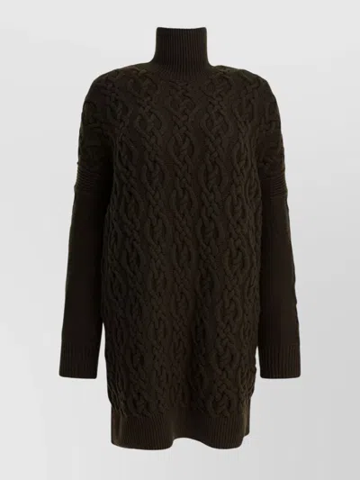 Max Mara Cashmere And Wool Turtleneck Cable Knit Dress In Brown