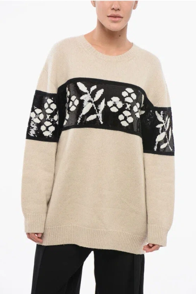 Max Mara Cashmere Blend Faggi Crew Neck Pullover With Sequined Embroi In Beige