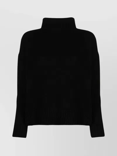 Max Mara Cashmere Blend Turtleneck Sweater With Ribbed Trim In Black
