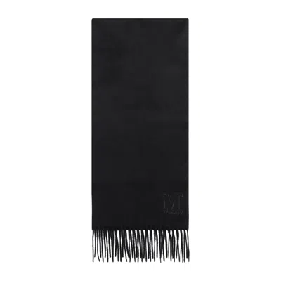 Max Mara Luxurious Cashmere Scarf With Fringed Hem And Logo Embroidery In Black