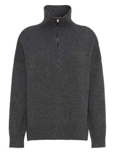 Max Mara Cashmere Fine Rib-knit Neck Sweater With Drop-shoulder Sleeves And Front Hem Slits In Gray