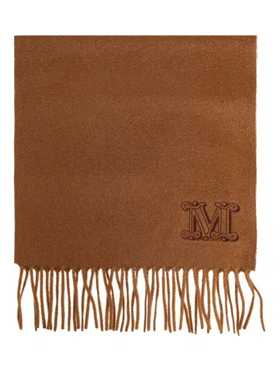 Max Mara Logo-embroidered Fringed-edge Scarf In Brown