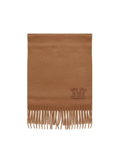 Max Mara Cashmere Scarf With Embroidered Logo And Fringe Detail In Brown