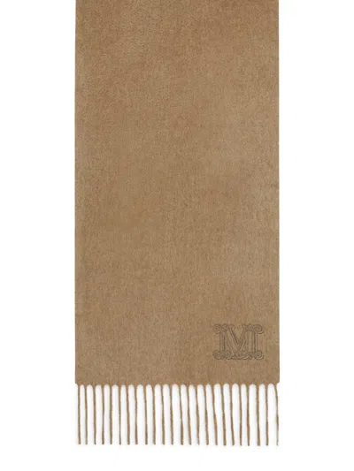 Max Mara Cashmere Scarf With Fringed Edges And Embroidered Logo In Brown