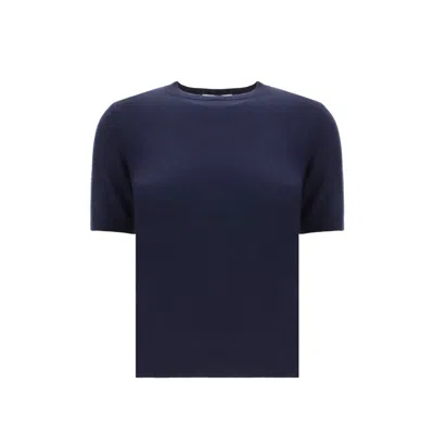 Max Mara Cashmere-silk Blend Warren Knitwear Top With Ribbed Trims In Blue