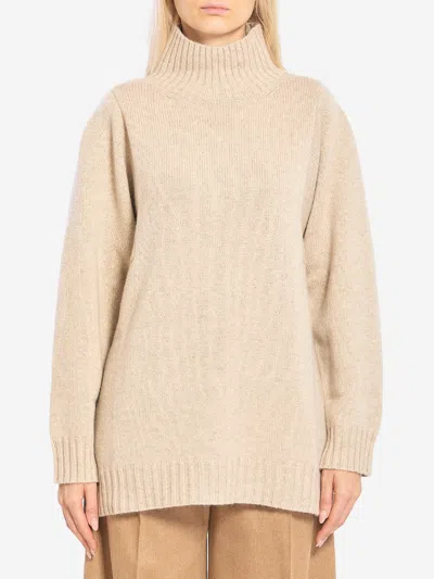 Max Mara Knit Cashmere Longline Sweater With Ribbed Finish In Brown