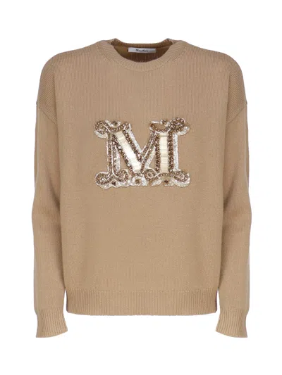 Max Mara Cashmere Sweater With Jewel Embroidery In Brown