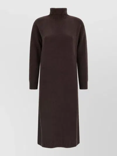 Max Mara Cashmere-blend Ribbed High-neck Midi Knitted Dress In Brown
