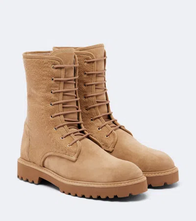 Max Mara Cashmere-trimmed Suede Combat Boots In Brown