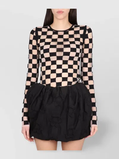 Max Mara Checkered Long Sleeve Fitted Top In Black