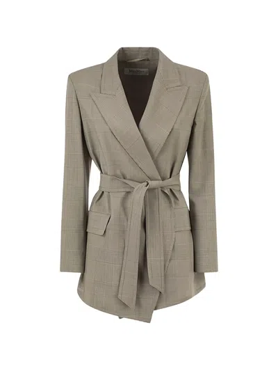 Max Mara Check-pattern Belted Jacket In Gray