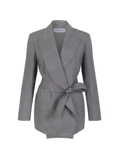 Max Mara Check-pattern Belted Jacket In Gray