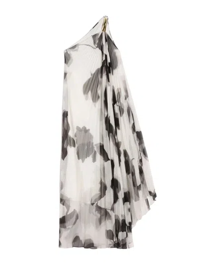 Max Mara Chiffon Dress With An All-over Printasymmetrical Neckline With Metal Detail On The Left Shoulder In Multi