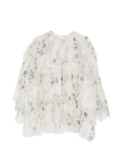 Max Mara Chiffon Floral Ruffled Jacket In White