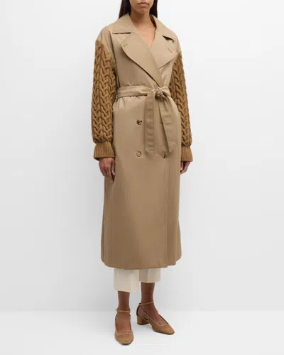 Max Mara Cicladi Cable-knit Sleeves Belted Long Trench Coat In Camel