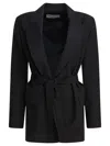 Max Mara Waist Belted Flap Pockets Notched Lapels In Black