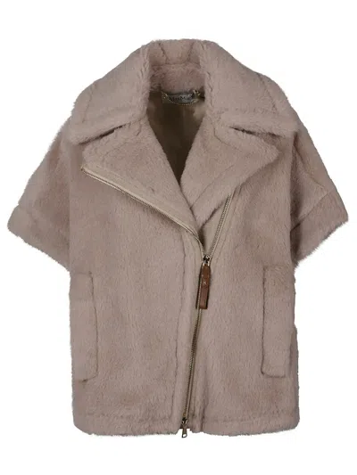 Max Mara Tebe Teddy Cape In Light Grey Wool In Beige