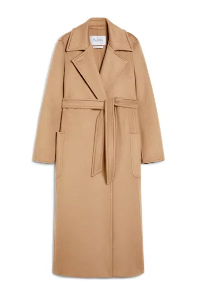 Max Mara Dove Grey Long Coat With Belted Waist And Classic Lapel In Brown