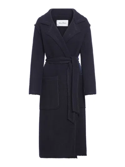 Max Mara Navy Blue Rialto Camel Wool Robe Coat In Black
