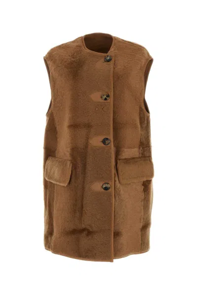 Max Mara Women Caramel Shearling Effige Sleeveless Coat, Xxs Luxury Jackets For Women Darveys In Beige O Tan
