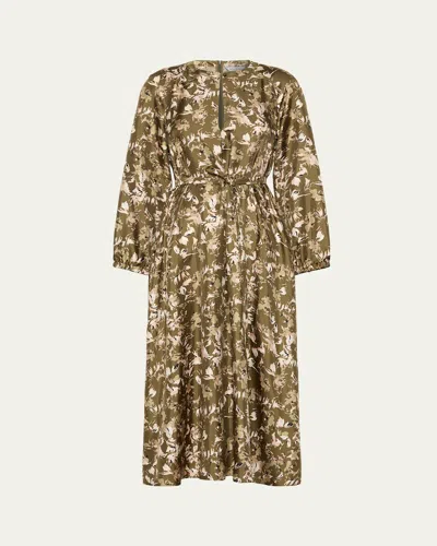 Max Mara Coccole Floral Silk Belted Midi Dress In Gold