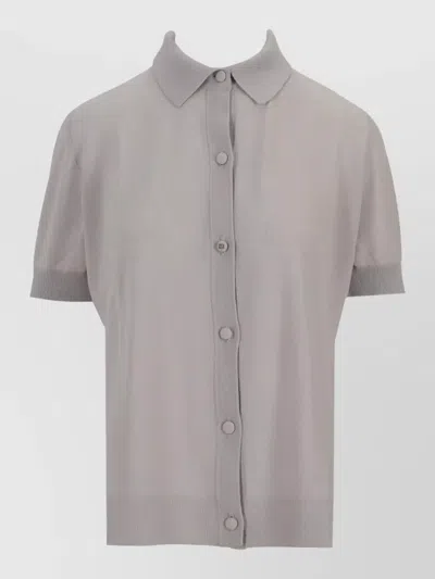 Max Mara Collared Knit Cardigan Short Sleeves In Gray