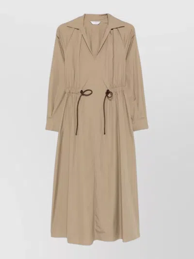Max Mara Collared Midi Coat Drawstring Waist Slits In Neutral