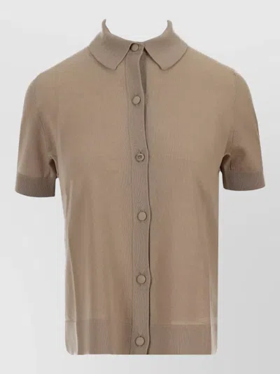 Max Mara Collared Short Sleeve Cardigan Ribbed Cuffs Hem In Brown