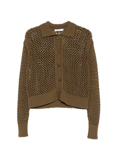 Max Mara Cotton Cord Cardigan With Shirt Collar And Low-cut Sleeves In Verde