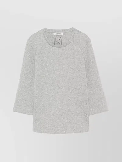 Max Mara Cotton Crew Neck T-shirt With Three-quarter Sleeves In Grey