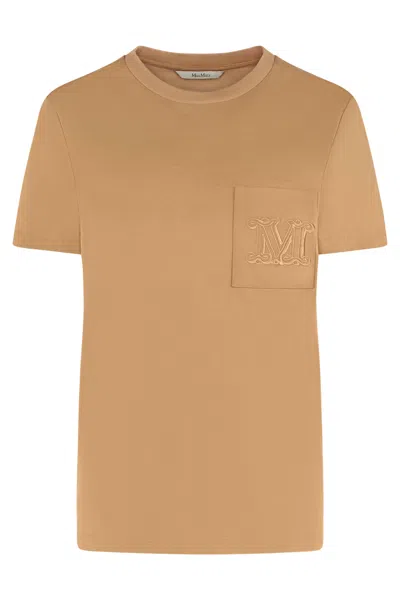 Max Mara Cotton Crew-neck T-shirt With Front Pocket In Brown