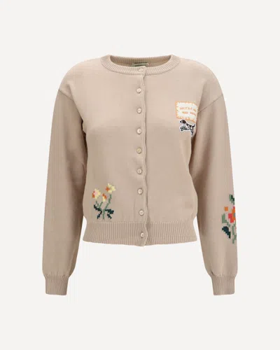 Max Mara Cotton Knit Cardigan With Intarsia In Beige