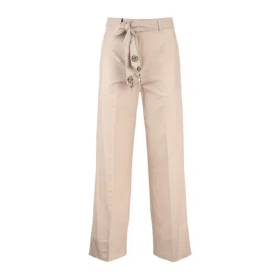 Max Mara Cotton Pants With Decorated Belt In Beige