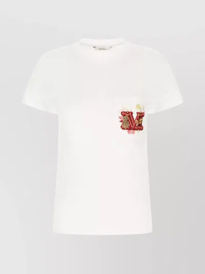 Max Mara Cotton T-shirt With Chest Pocket And Embroidered Detail In White