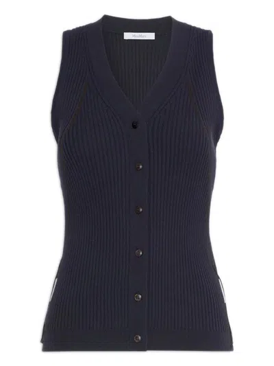 Max Mara Cotton-viscose Crepe Ribbed Knit Vest With V-neck And Button Front In Blu