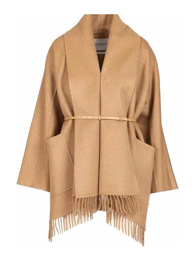 Max Mara Abilita Fringed Camel Hair Belted Cape Jacket In Brown