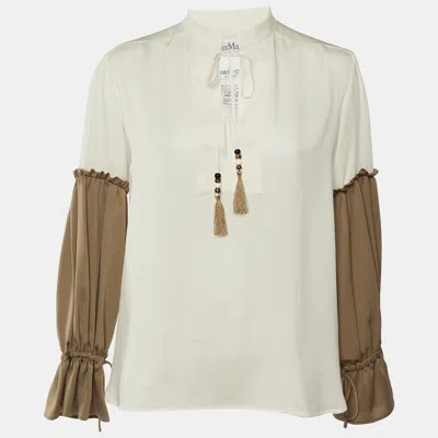 Pre-owned Max Mara Cream & Brown Silk Tie Detail Top S In White