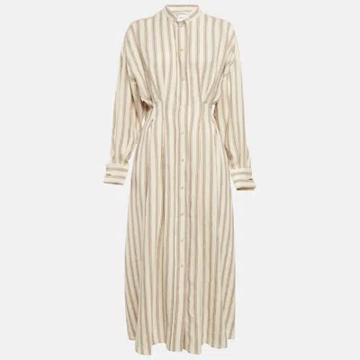 Pre-owned Max Mara Cream & Brown Striped Linen Cinched Waist Maxi Dress M In White