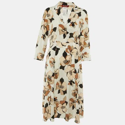 Pre-owned Max Mara Cream Floral Print Silk Midi Dress M In White