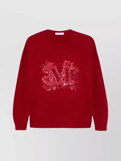 Max Mara Crew Neck Embroidered Floral Sequin Top In Red