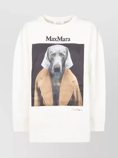 Max Mara Crew Neck Hooded Dog Graphic Sweater In White