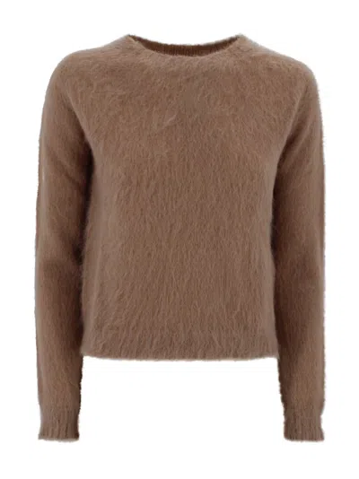 Max Mara Crew Neck Jumper In Mohair Blend Yarn In Brown