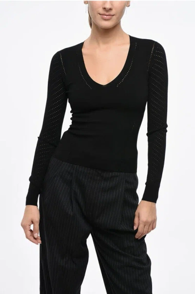 Max Mara Crew Neck Nadar Stretch Fabric Sweater With Perforated Desig Grösse S In Black