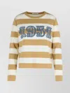 Max Mara Crew Neck Striped Wool Sweater With Embroidered Detail In Brown