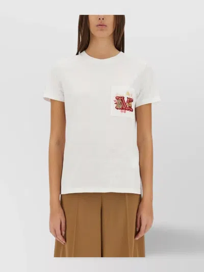 Max Mara T-shirt With Embroidered Pocket In Bianco