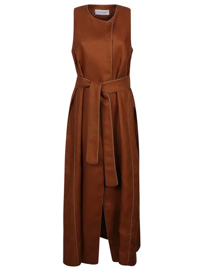 Max Mara Crewneck Belted Jacket In Brown