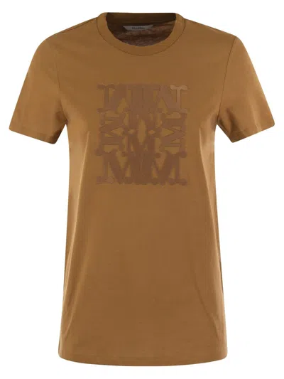 Max Mara Taverna Cotton T Shirt With Frontal Embroidery In Brown