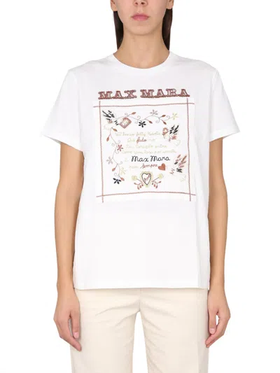 Max Mara White Short-sleeved T-shirt With Brown Logo Embroidery