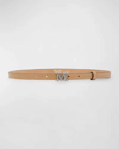 Max Mara Croc-embossed Brown Leather Skinny Belt In Camel