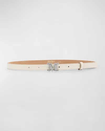 Max Mara Croc-embossed White Leather Skinny Belt In Ivory